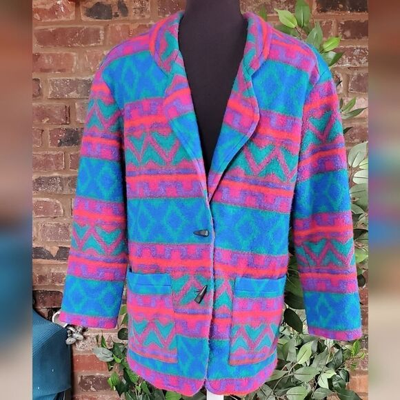 80s colorful aztec print fleece jacket - Picture 8 of 10